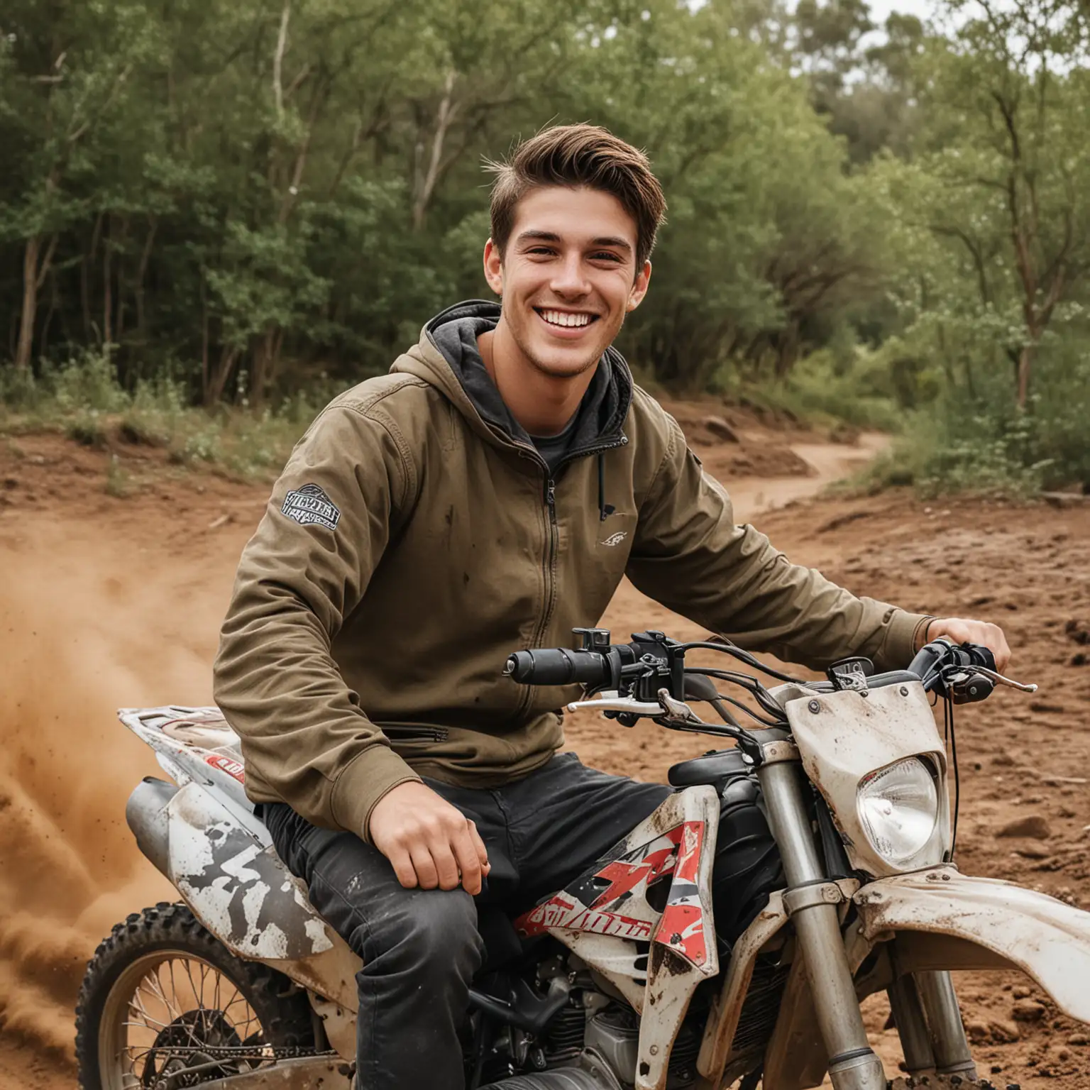 photo of a man in his 20s smiling, sitting on a off road dirt bike