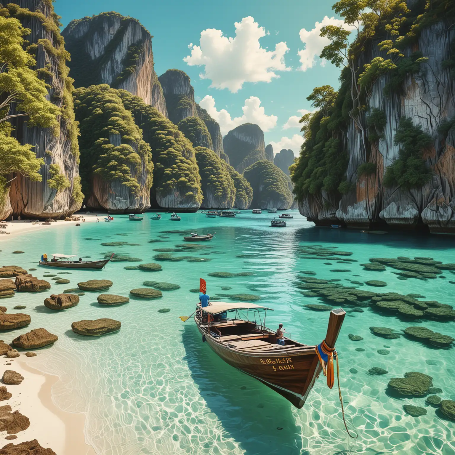 illustration, neural style transfer, background: The Phi Phi Islands: The Phi Phi Islands, consisting of Phi Phi Don and Phi Phi Leh, are famous for their spectacular coastal landscapes and crystal-clear waters. High limestone cliffs rise steeply from the turquoise sea, forming an impressive backdrop to white sandy beaches and lush jungles. Boat trips to secluded coves and snorkeling trips along the coral reefs provide unforgettable insights into the beauty of this island group.