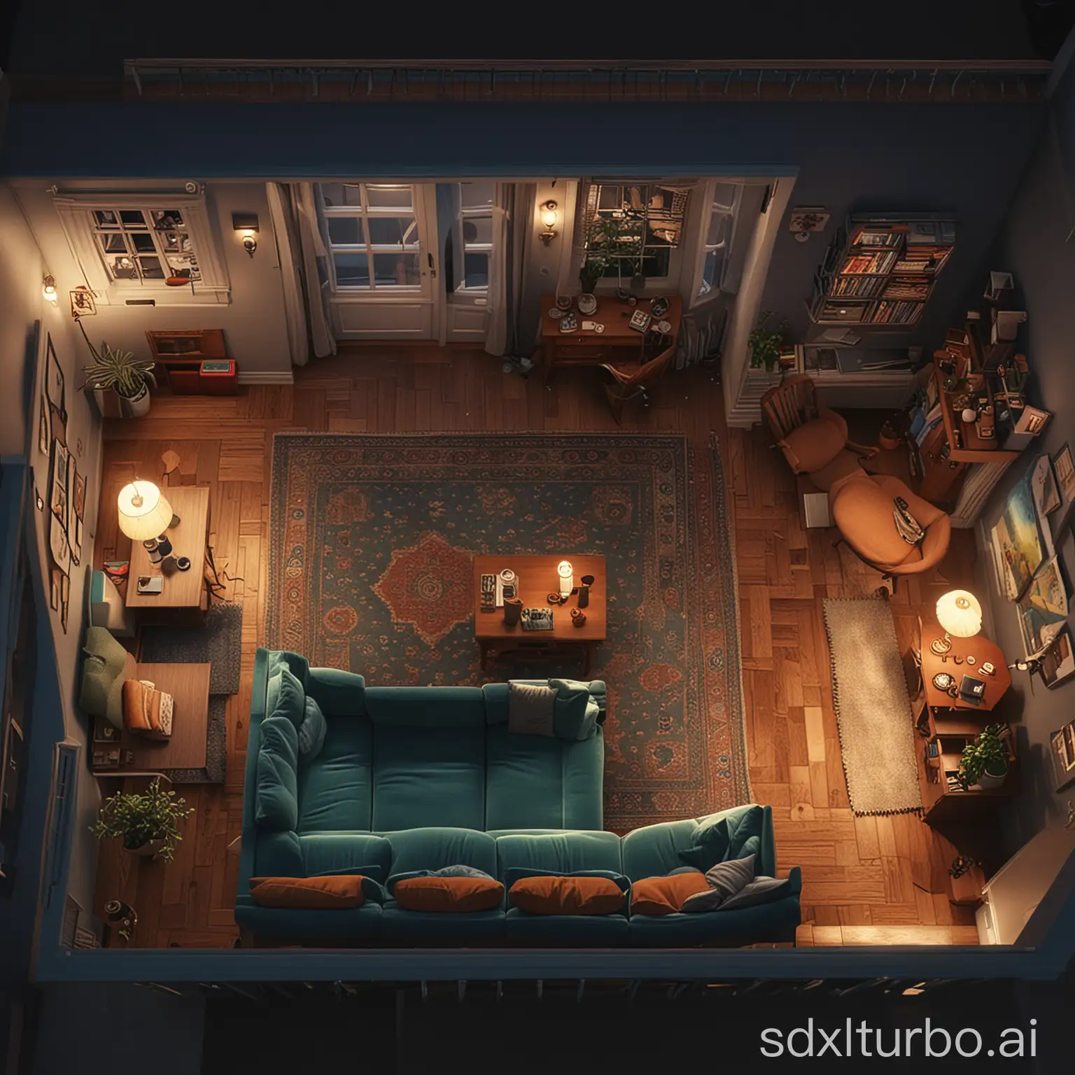 3d Pixar of a top view of a living room in the night with a couch, no table, with an entrance door, full body room