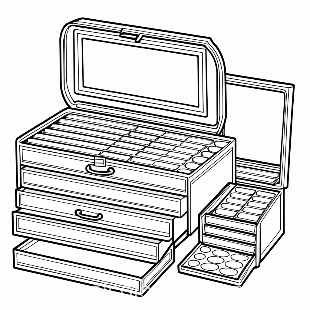 Draw a simple, black-and-white line drawing of a big oval makeup box
 for a kids' coloring page. The compact should be open with a hinged lid, . Inside the compact, include a blush brush, a lipstick, and a small makeup palette. Use bold, clean lines to outline the shape of the compact and its contents. Ensure the image is monochromatic, featuring only black lines on a white background, providing a cute and whimsical representation perfect for coloring.and practical representation perfect for coloring
, Coloring Page, black and white, line art, white background, Simplicity, Ample White Space. The background of the coloring page is plain white to make it easy for young children to color within the lines. The outlines of all the subjects are easy to distinguish, making it simple for kids to color without too much difficulty