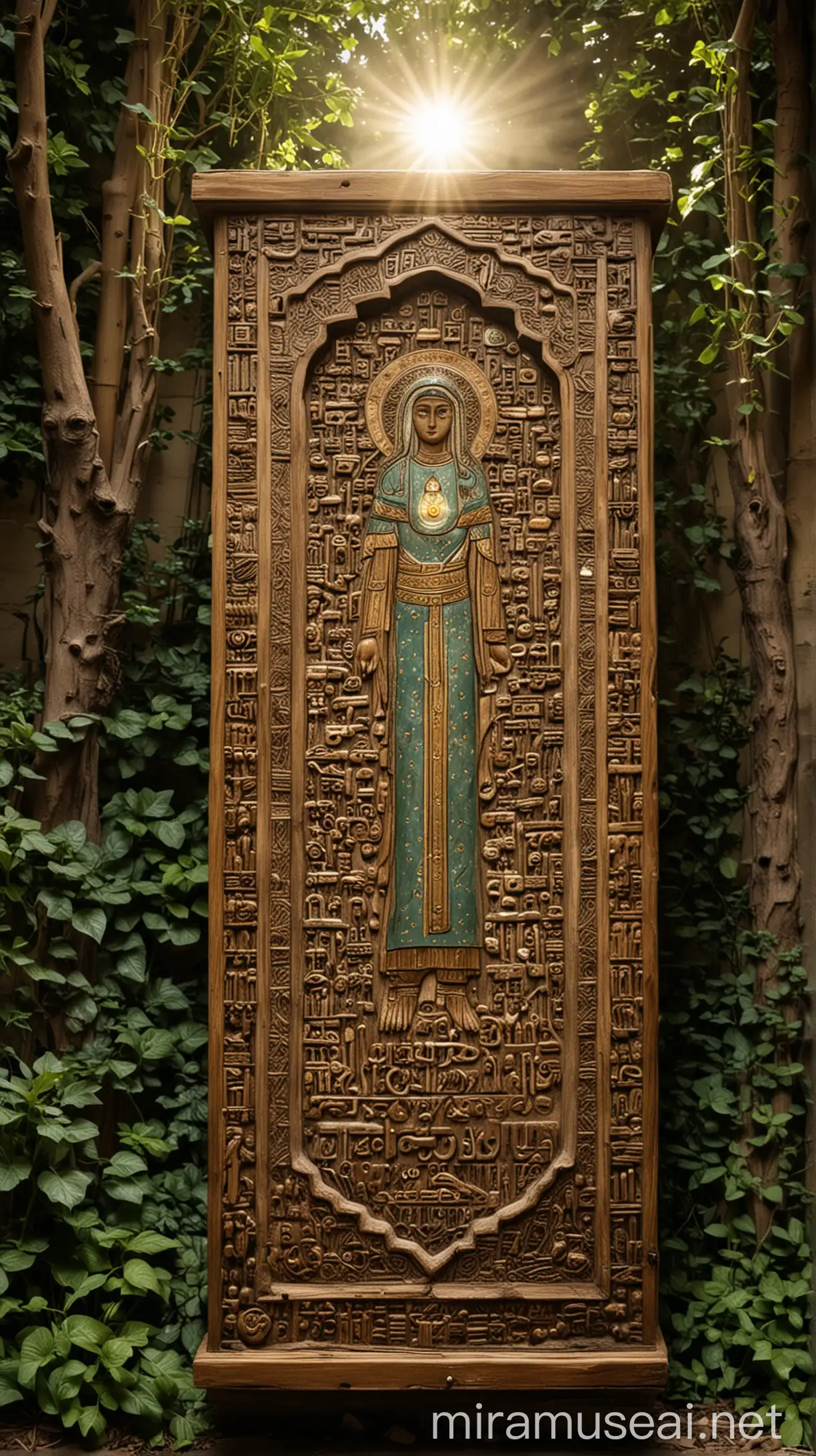 The Coffin of Sakina in Prophet Adam's Possession:

Description: An ancient, ornate wooden box with glowing symbols and divine light, placed in a serene garden with Prophet Adam standing beside it.
 islamic tradition