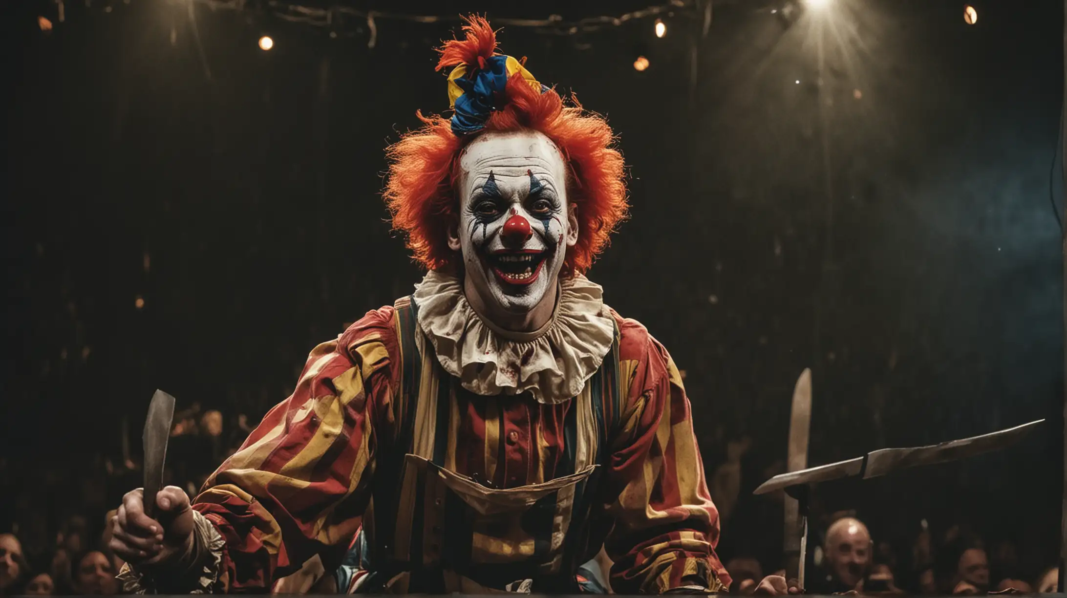 Disturbing Clown Performance Knife Juggling and Mock Execution