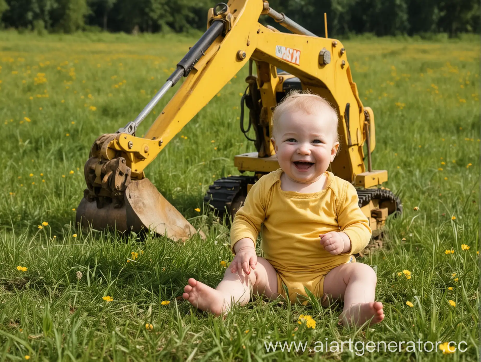 Младенец в поле на траве смеётся, на заднем фоне жёлтый экскаватор