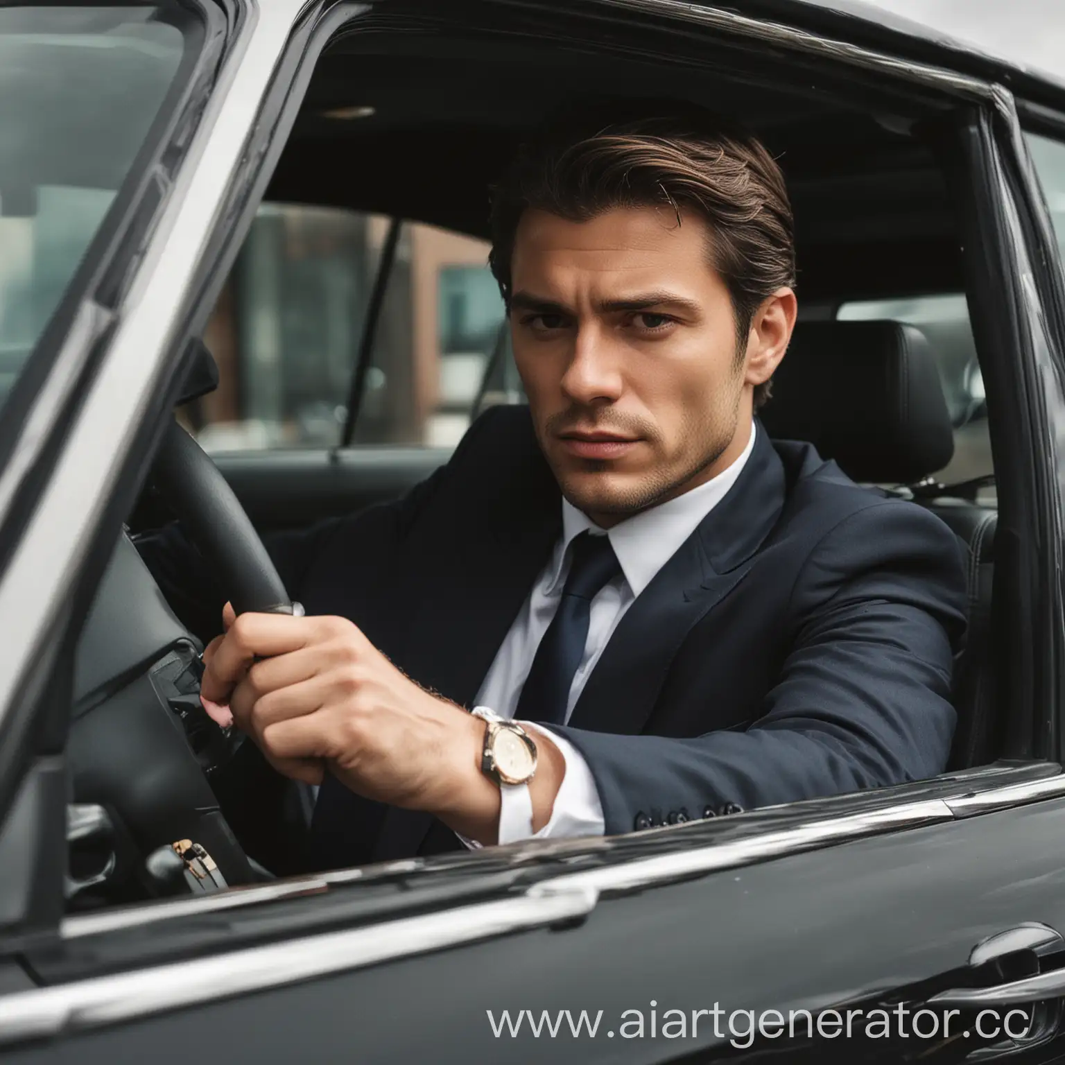 Businessman-Driving-Car-in-Formal-Attire