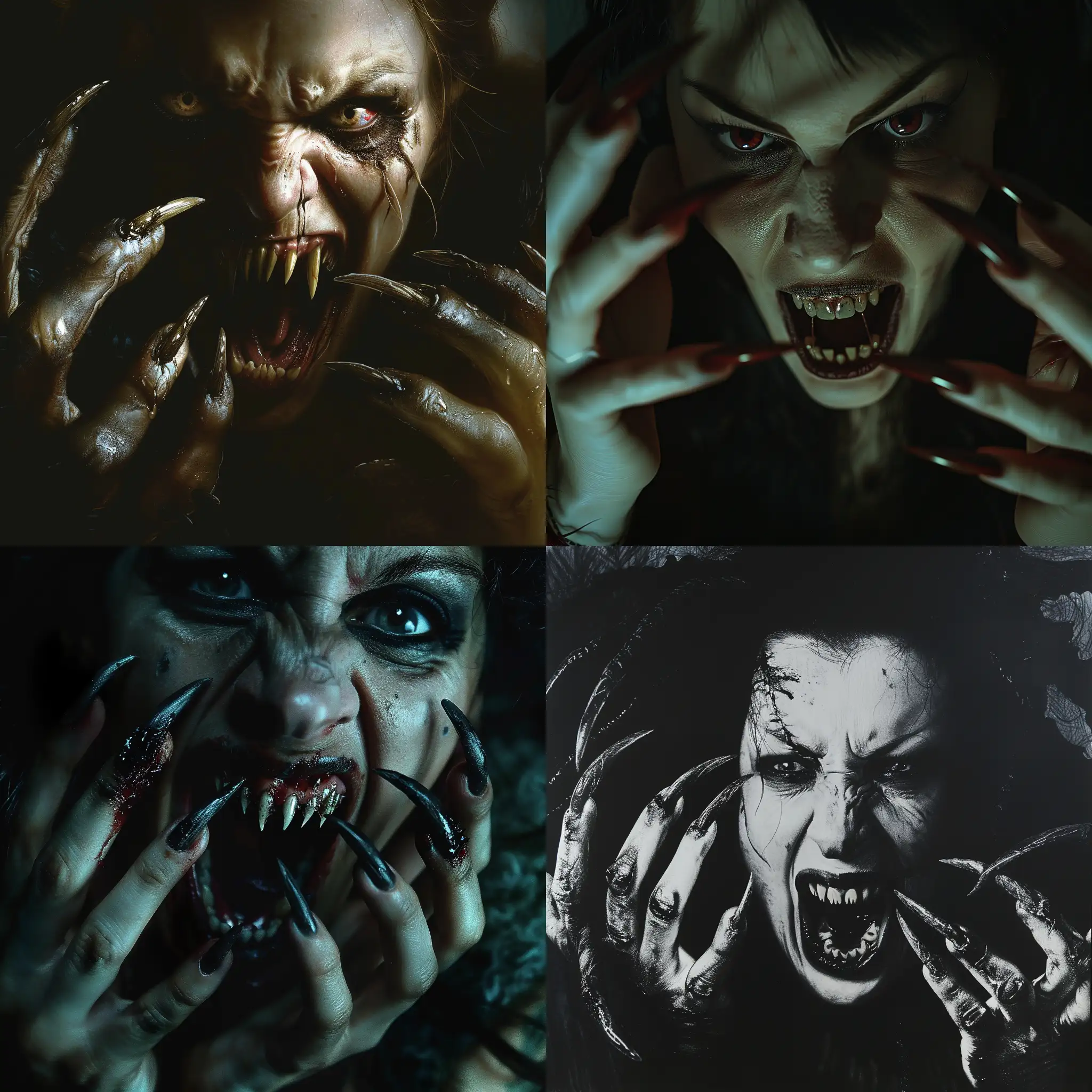 Subject: The main subject of the image is a wild and ugly vampire woman, depicted in a photorealistic style. She has extra long pointed fingernails resembling claws, and her mouth is open with fang-like teeth, giving her a threatening appearance.  Setting: The scene is set inside a dark room, adding to the eerie atmosphere. The darkness enhances the horror element and creates a cinematic feel.  Style/Coloring: The image is hyper-realistic with high detail and photo detailing, contributing to the photorealistic quality. The coloring is dark and haunting, with atmospheric lighting intensifying the creepy vibe.  Action/Items: The vampire woman appears to have just emerged from the darkness, adding a sense of suspense and fear. Her posture and expression convey aggression and terror.  Costume/Appearance: The vampire's appearance is grotesque and terrifying, with detailed nails and realistic anatomy, including five fingers on each hand. Her undead look suggests that she has climbed out of a grave.  Accessories: The vampire's only accessories are her long, pointed fingernails, which resemble the claws of a predator, enhancing her menacing appearance.
