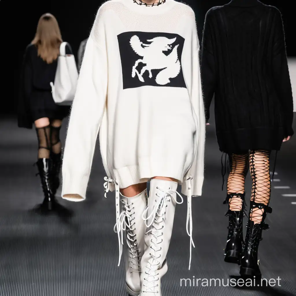 Fashionable White Girl in Baggy Sweater and LaceUp Boots Strutting on Catwalk