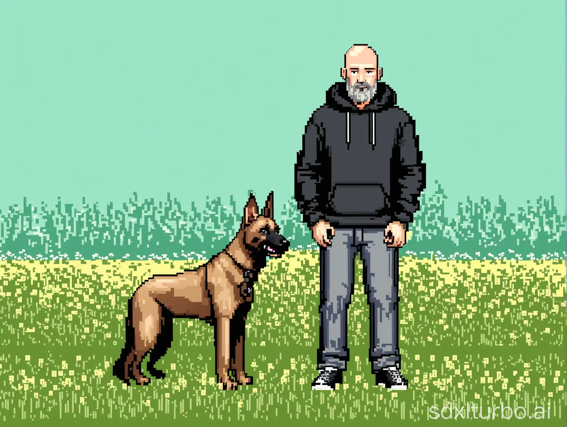 create for me an 8-bit style image of a man with a bald head and gray beard, he is wearing short pants and a black hoodie. he is standing on a meadow and next to him sits a malinois.