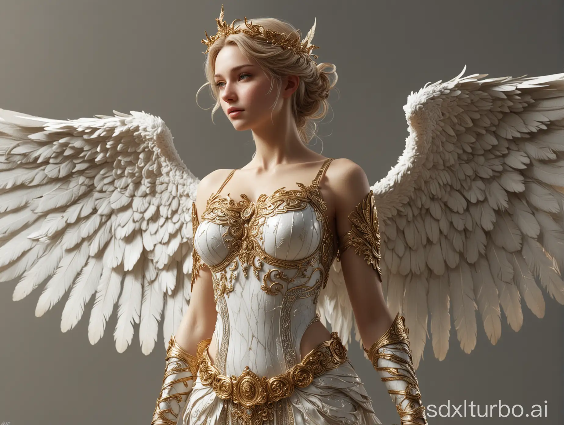 full body & RAW Photo of  a realistic magnificent detailed angel with wings from 10 meter distance, wings outstretched with gold tips on feathers, intricate ornate marble and bone interwoven and spiraling patterns, final fantasy style, super beautiful god(s) wearing translucent clothing, great at both photos and artistic feathered 8k, high resolution, detailed, realistic lighting, focus on hands/face, painterly, strong composition, award-winning with simple solid light background