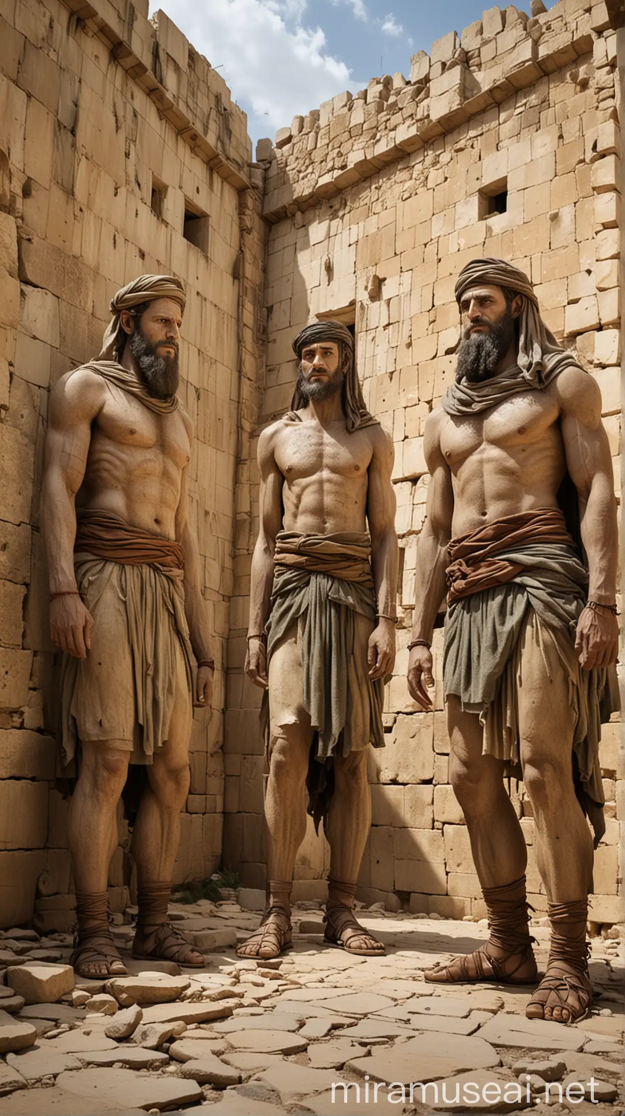 Create an image of three male towering giants, Talmai, Sheshai, and Ahiman, standing in an ancient city setting, perhaps Hebron. They should have a commanding presence with exaggerated height to emphasize their gigantic stature."