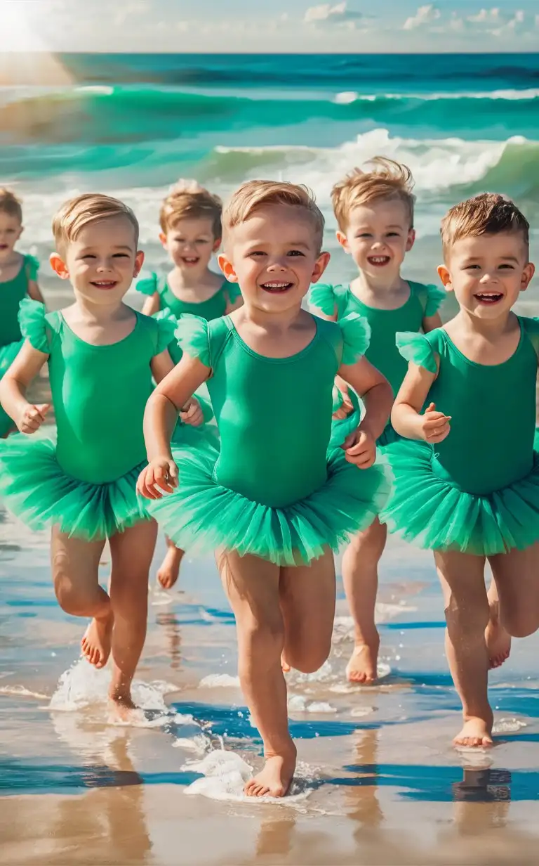 (((Gender role reversal))), A bunch of short-haired 8-year-old boys running gaily along a beach shoreline in silky scaly green ballerina-mermaid leotards with sleeves and frilly tutus, energetic, perfect faces, perfect eyes, perfect noses
