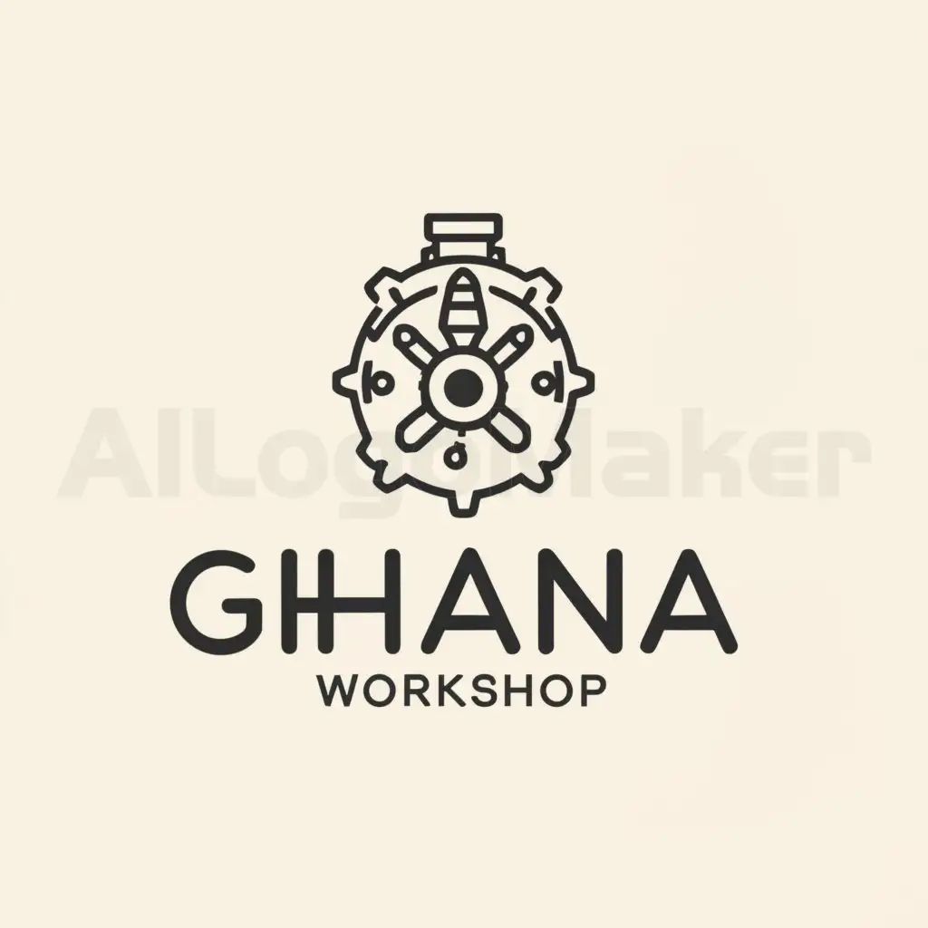 a logo design,with the text "GHAANA WORKSHOP", main symbol:Piston and Gears,Minimalistic,be used in Automotive industry,clear background