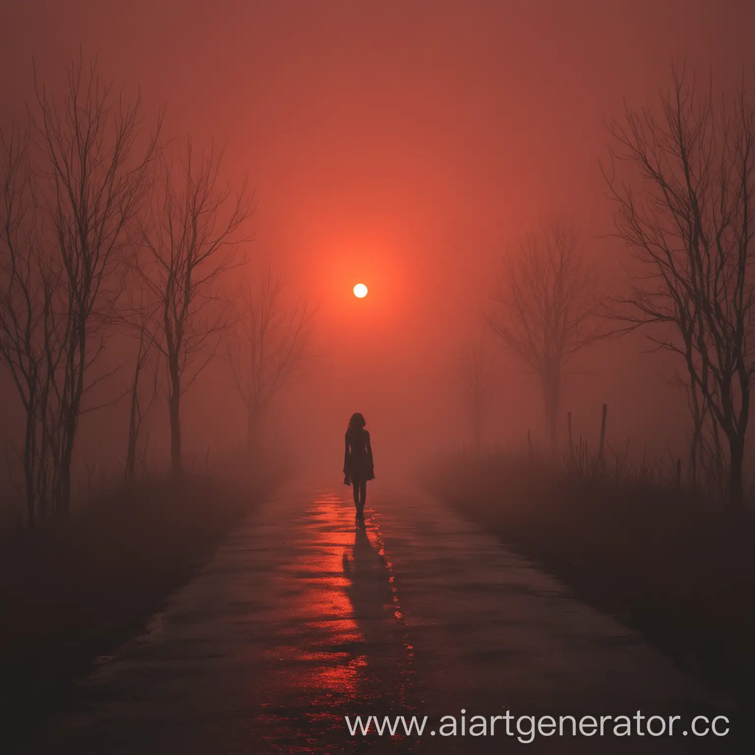 тёмные очертания девушки, которая идёт по туманной дороге к красному закатному солнцу