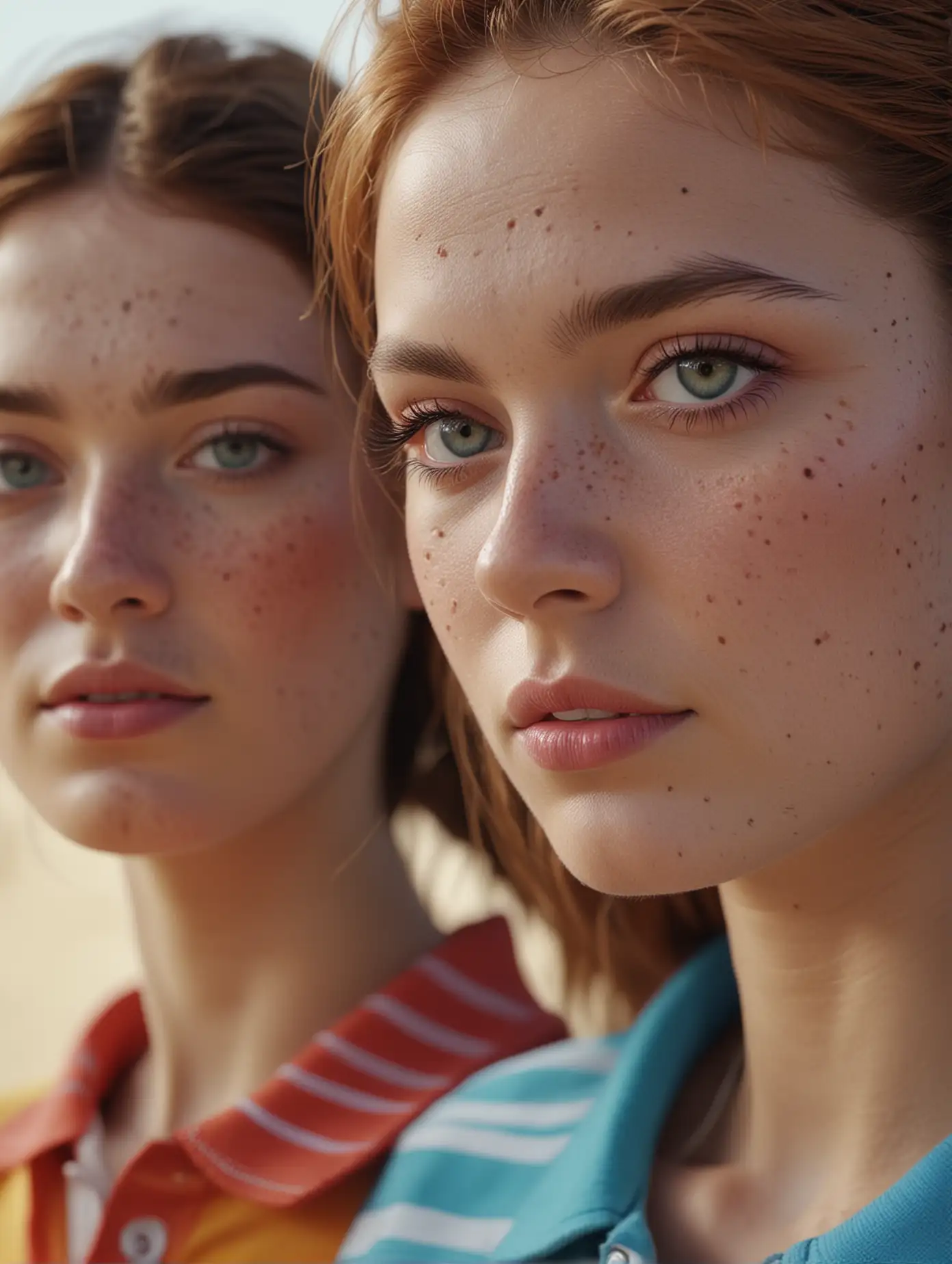 close up of two models faces, they are not posing, models has some freckels, models is wearing colorful polo shirt, ultra realistic, 8k, camera is arri alexa, cinematic light, in sandy but beautiful and clean environment, leave space around the model