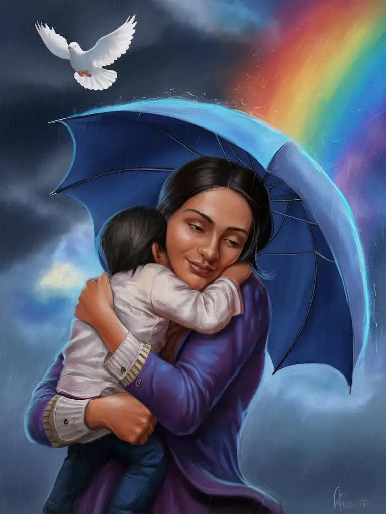 Create a digital painting of a beautiful, Hispanic mother comforting her child in a storm under a blue umbrella. Include a rainbow breaking through the clouds and a dove flying in the sky as symbols of hope and peace