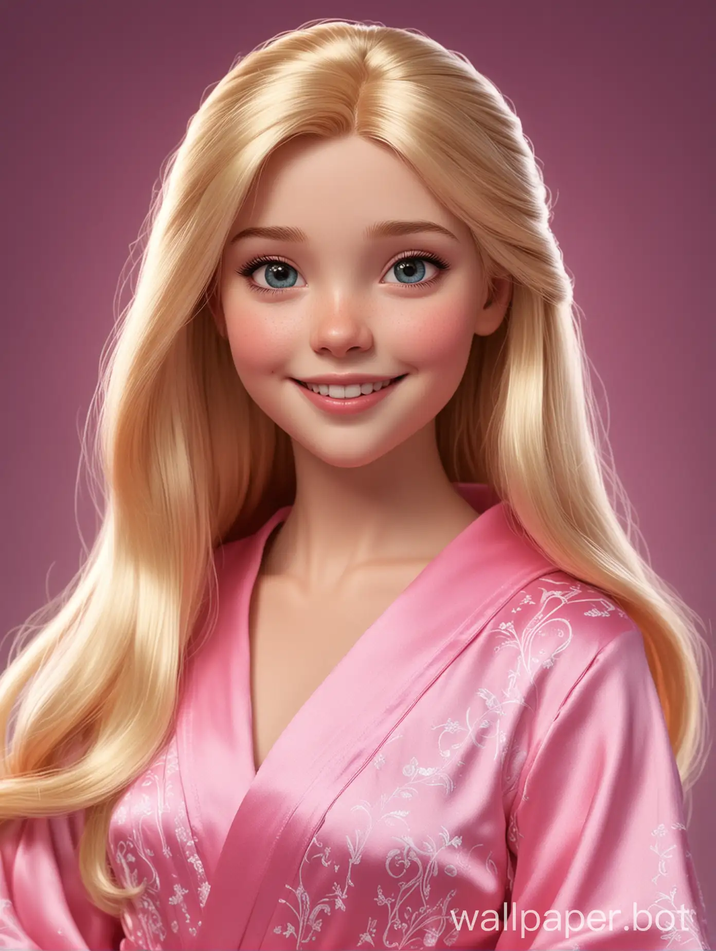 Realistic Disney cutie Aurora with long straight hair in a pink silk robe smiles