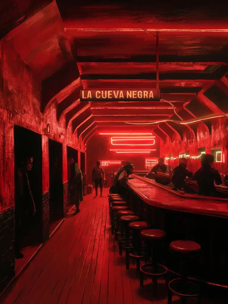 Mexican bar interior, named La Cueva Negra, loose painterly style, red paint, bar, neon lights, dark, shadowy, intimidating
