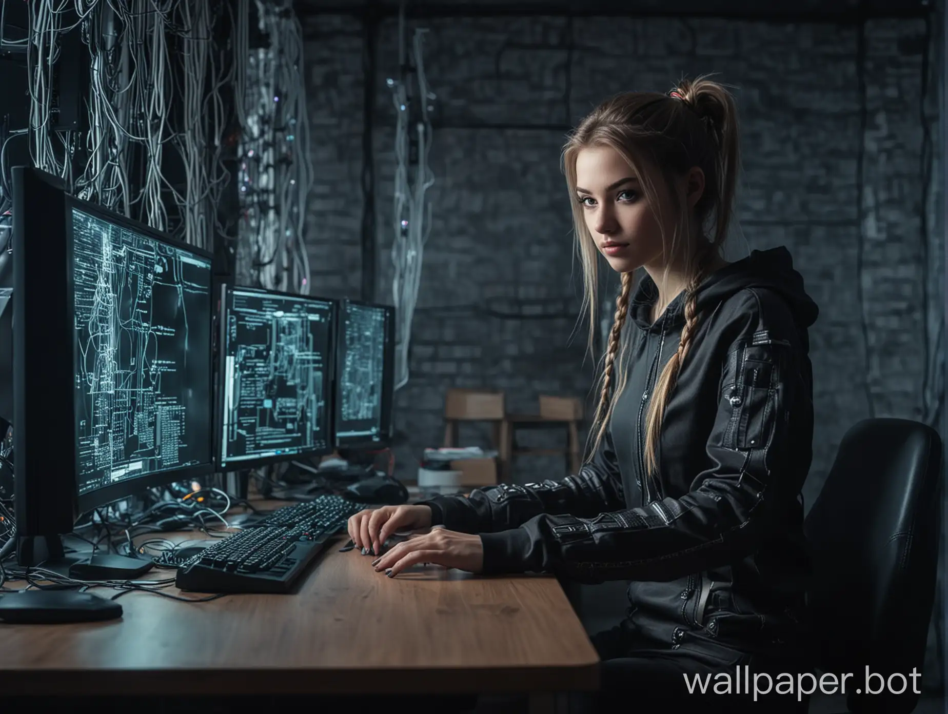beautiful cyber girl hacker sits in a room at a table before computers. cables hang from the walls. full height. dim lighting. brightly glowing computer monitors in the background. in the genre of science fiction