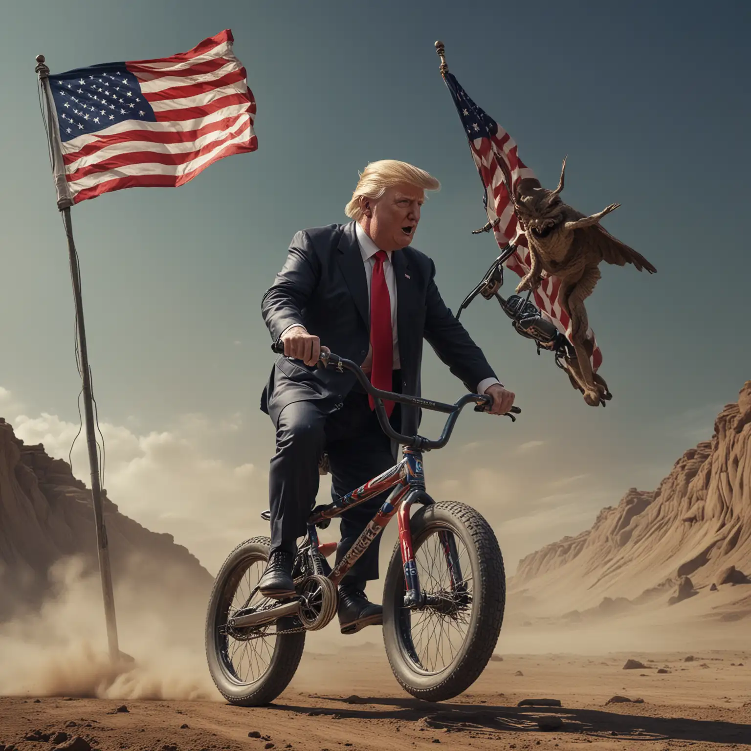 professional photo, high detail, 4k, Giant Trump rides a BMX on the small planet Earth, he holds an American flag in his hand