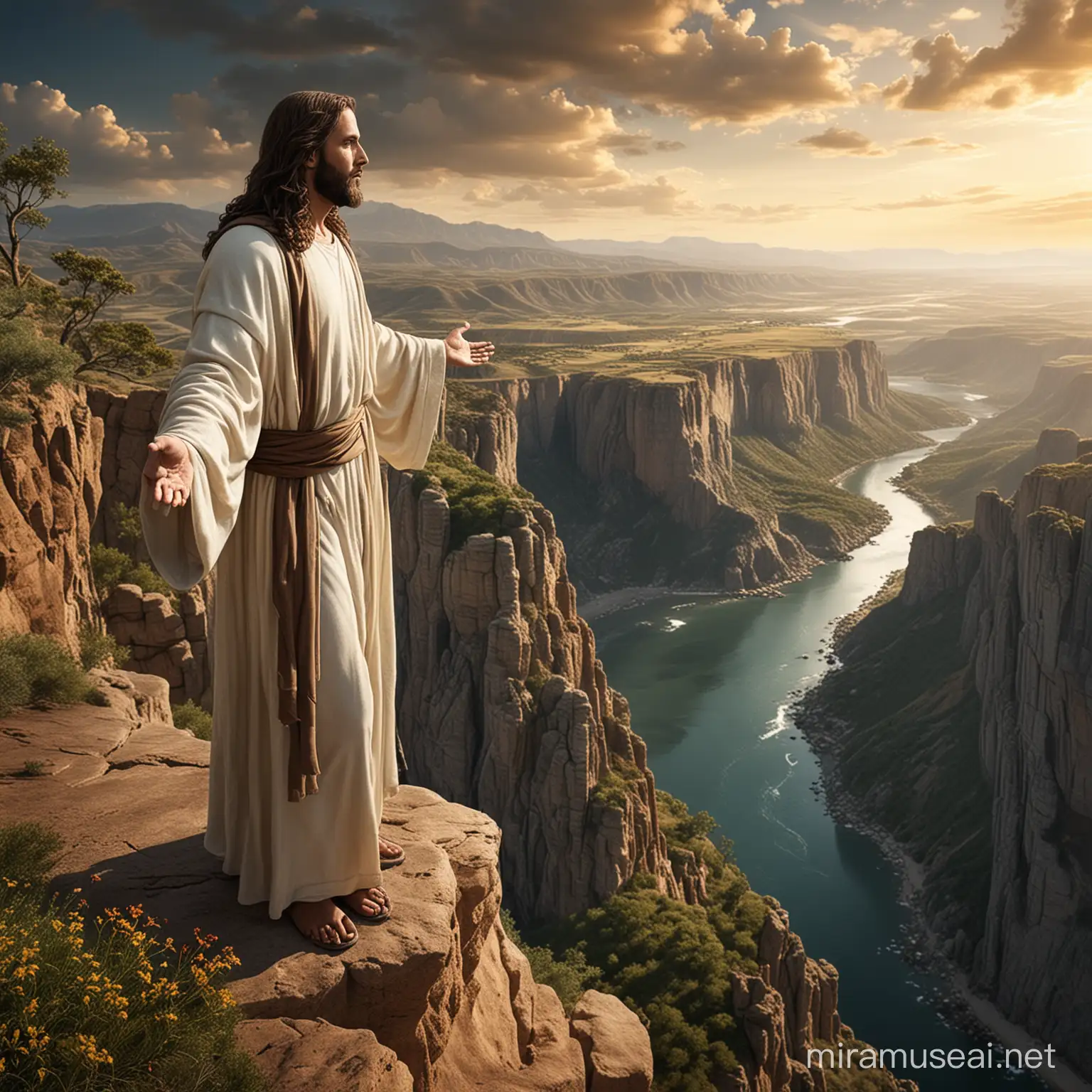 Majestic Jesus overlooking breathtaking scenery from a Cliff ...