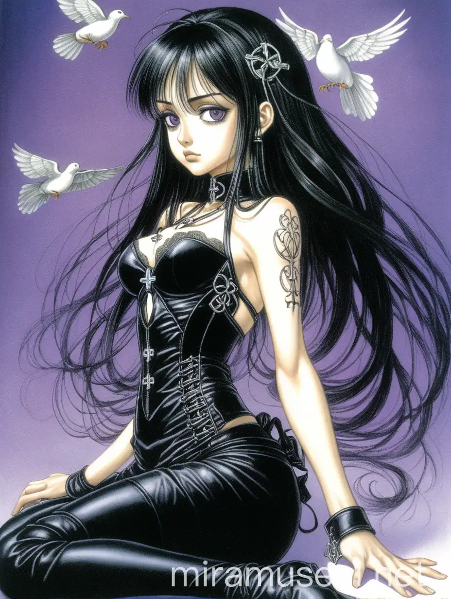 Ilustracion de un personaje original en pose frontal femenino gotico de Takeshi Obata para una portada de manga. Hay una escolopendra en el fondo y cruz celtica, lleva un vestido negro y esta hecho en perspectiva aerea y pintado con lapices 
Ilustracion al estilo artistico de Takeshi Obata con acuarela de una chica delgada como personaje de un con el cuerpo estirado en escorzo en pose fetal de 22 años con. El fondo es una pared violeta y hay jazmin y, y, y tiene un corset negro. Esta hecho en perspectiva aerea. Hay una chica con pelo negro largo , con ojos grandes y delgada, . Hay una paloma.