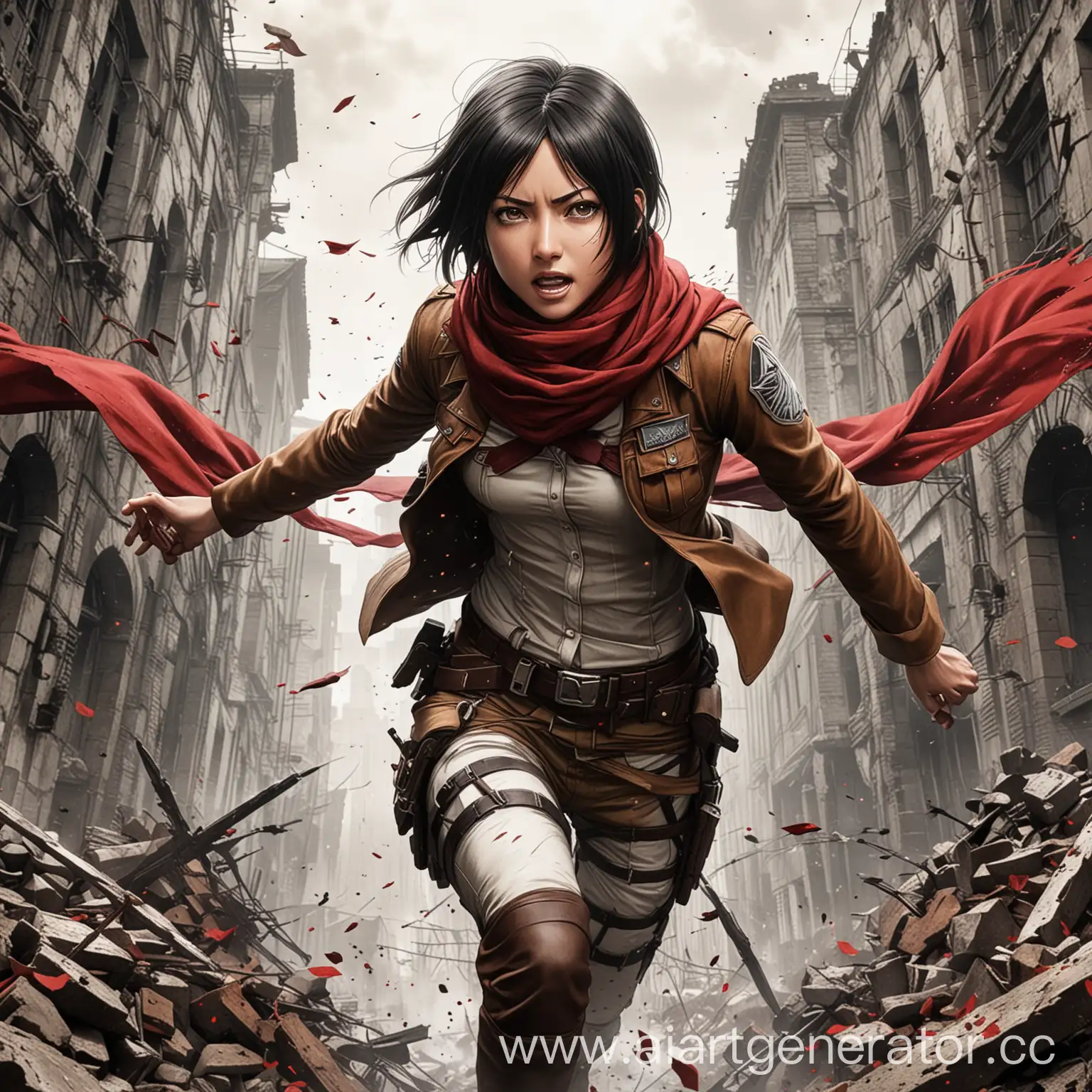 Mikasa Ackerman from "Attack on Titan", mid-action, neatly dodging debris, her iconic red scarf flutters, Survey Corps uniform displaying movement and detail, city ruins backdrop, dynamic angle, intense facial expression, pen and ink, dramatic lighting, ultra fine details