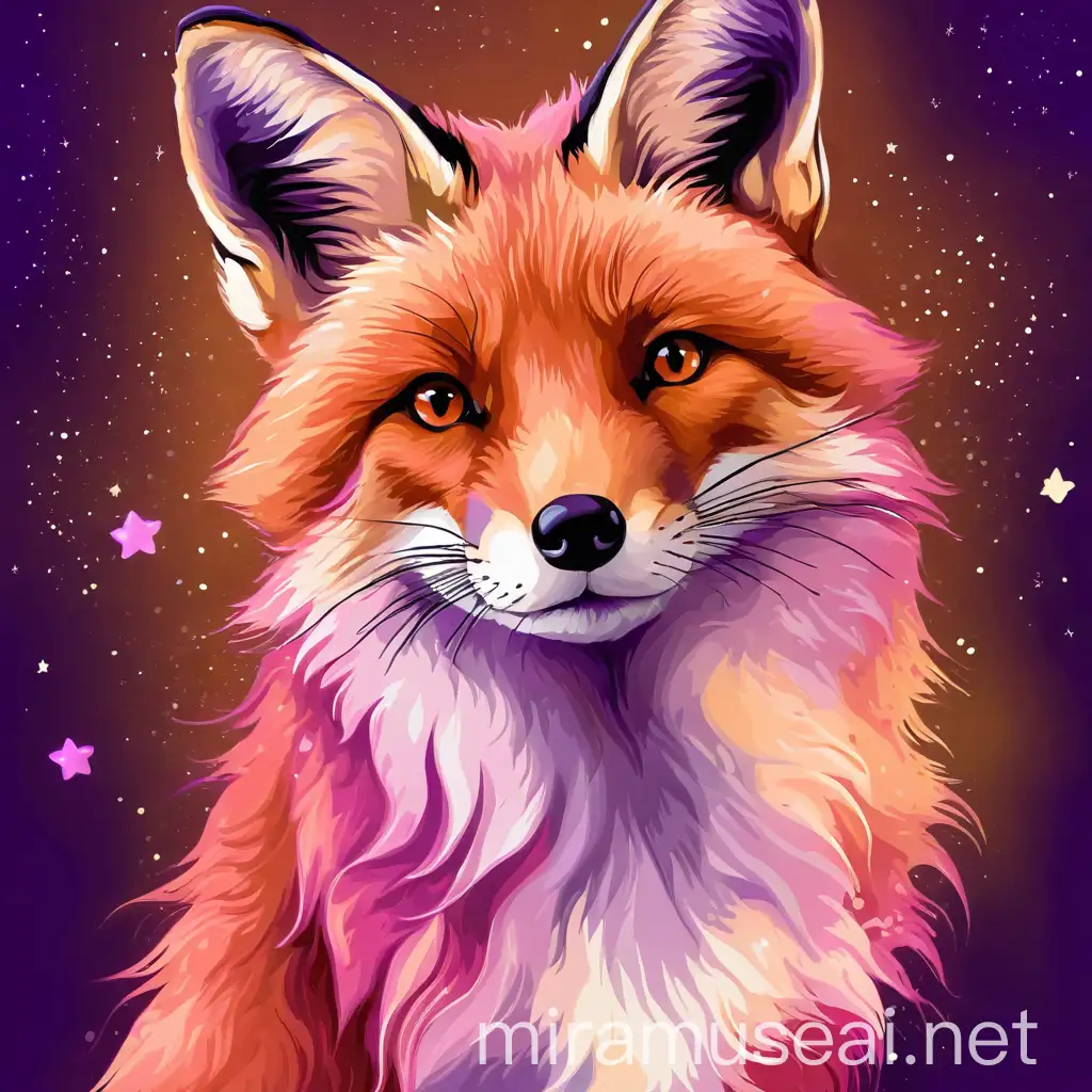 fox, purple pink background, magic background, hand drawn style