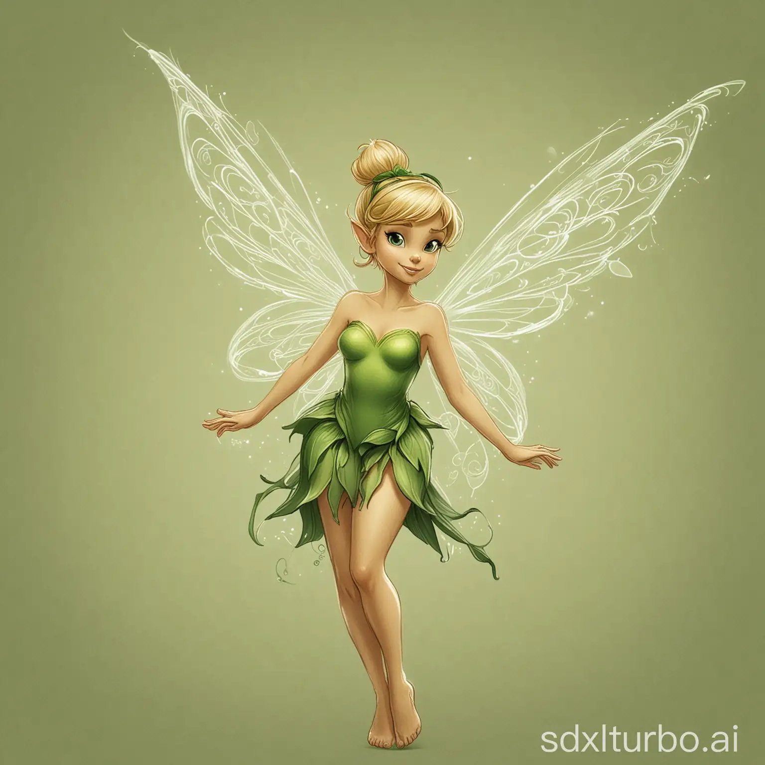 I want a drawing of Tinkerbell, dressed in green, with her wings, arms crossed, standing, with a raw color background and a flourish in the background