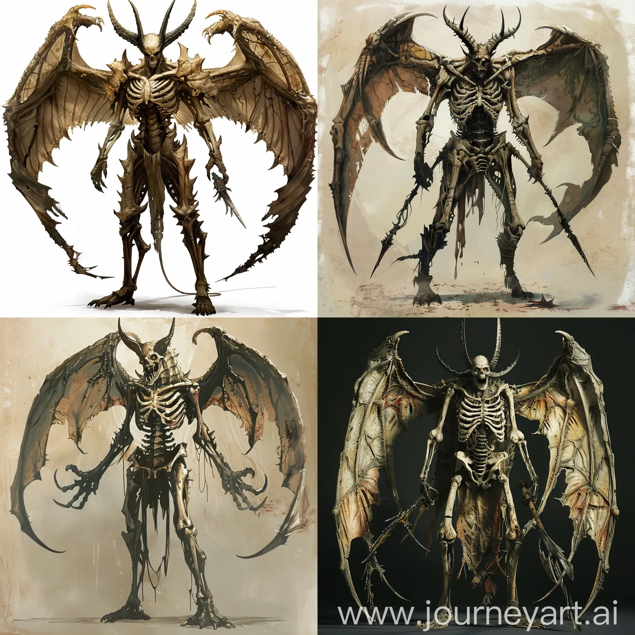 A demon of the abyss, Tall and agile, with massive wings and bone growths all over his body, resembling plate armor. The head is decorated with three straight horns. The missing lips reveal a row of sharp black teeth. Armed with a glaive.