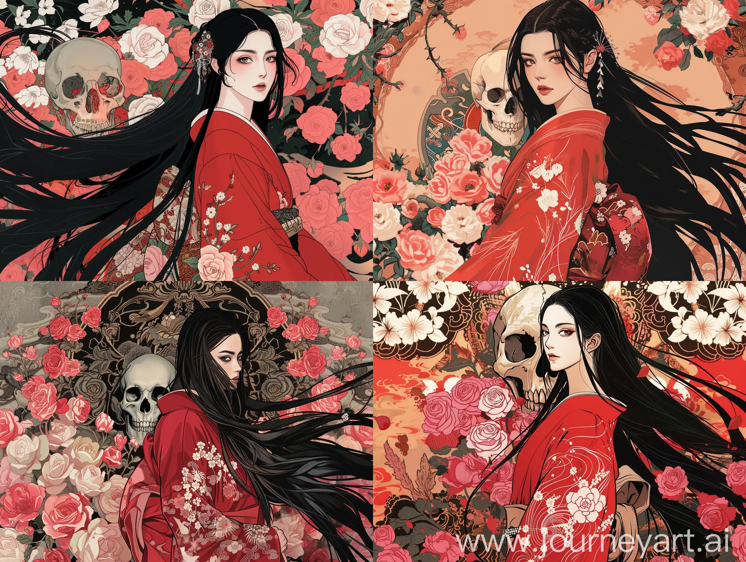 An illustration that marries traditional Japanese aesthetics with modern digital artistry, capturing the essence of the Edo period while infusing contemporary flair. The central figure is a beautiful, serene, and mysterious Japanese woman with flowing long black hair, arrayed in a striking red kimono adorned with delicate white and pink flowers. She stands poised in front of an ornate backdrop that features a contrastingly macabre yet elegant skull surrounded by a bed of pink roses. Her expression is enigmatic, and her eye is watchful, hinting at a story untold. The colors should be rich and deep, with particular attention to the interplay of light and shadow, creating a vibrant yet harmonious composition that feels both timeless and avant-garde.