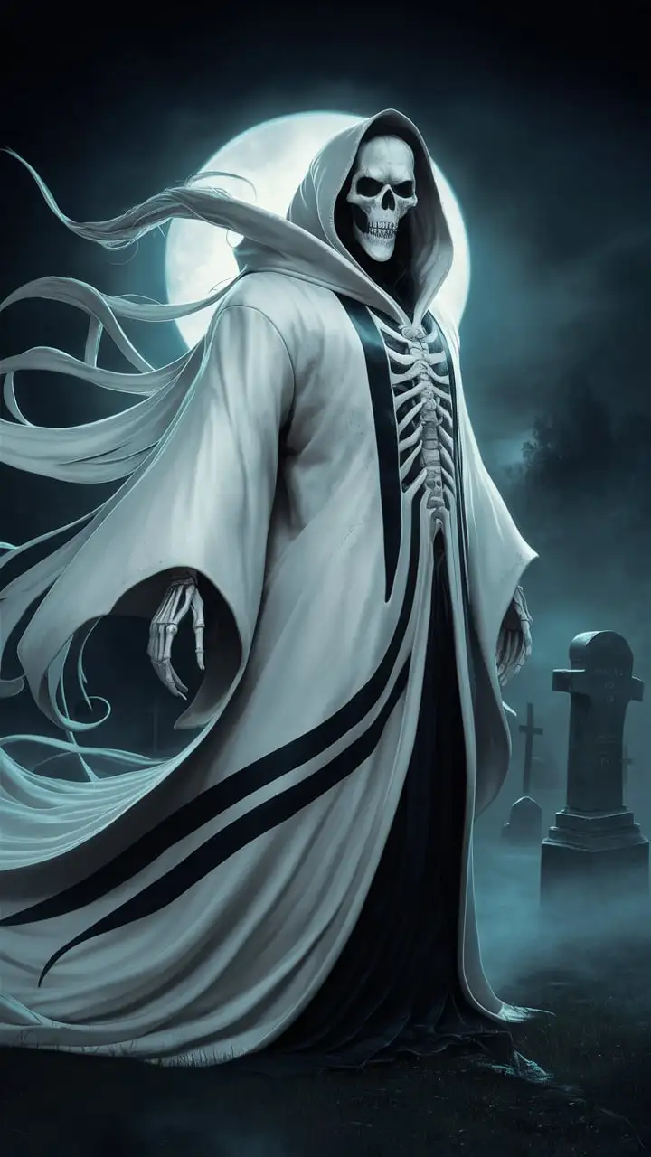 Majestic Grim Reaper in White Cloak with Black Stripe Accent