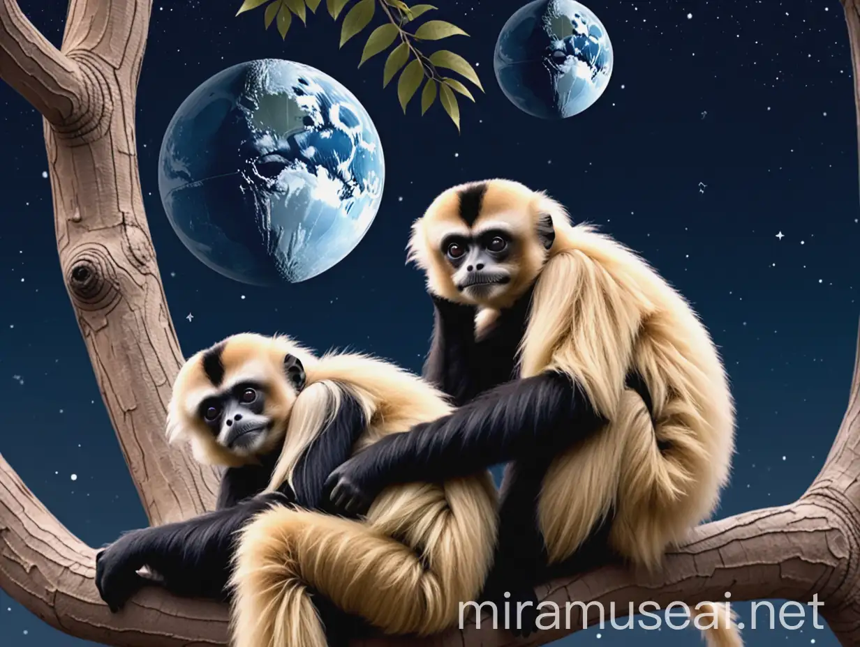 Gibbon Couple Embracing Under Starry Night Sky with Death Star