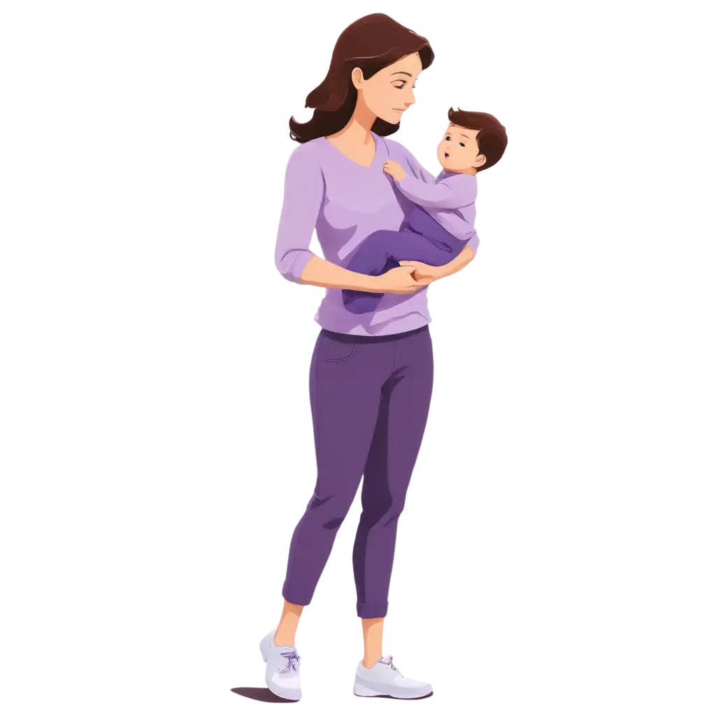 cartoon illustration of a mother with her baby in her hand in purple color tone