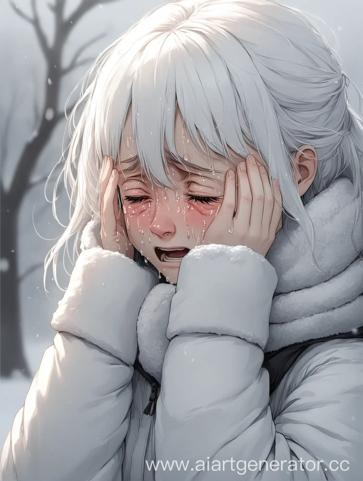 A girl with white hair and in winter clothes is crying