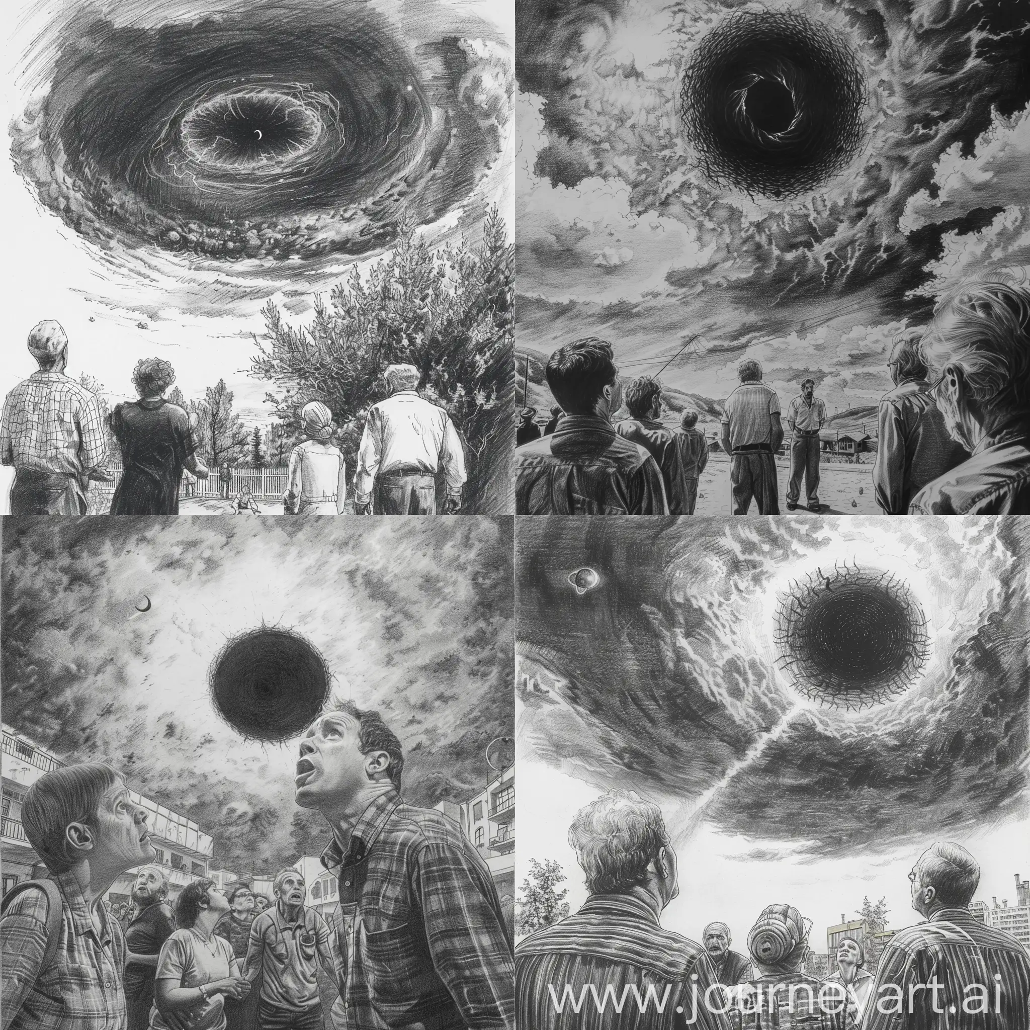pencil drawing, black and white, people look at the sky, a large black hole has formed in the sky, people are scared