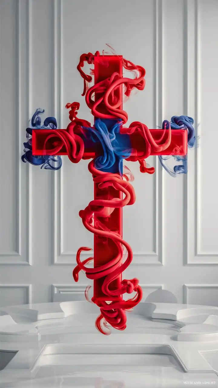 weightless cross made of red blue smoke on a flawless white background, fine details, luxurious elegance, shot with Fujifilm X-T4 and 56mm f/1.2 lens.