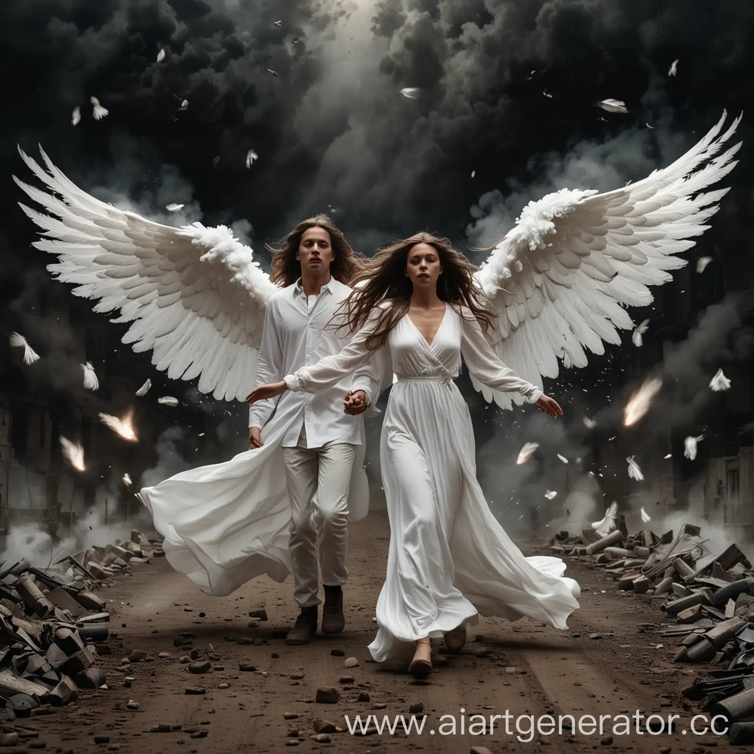dark atmosphere couple portrait of A woman and man, she is in a White flowing dress with long hair looks straight and, running among the bombs , to a man in white clothes with wings, he spread his arms and wings like an angel to cover her