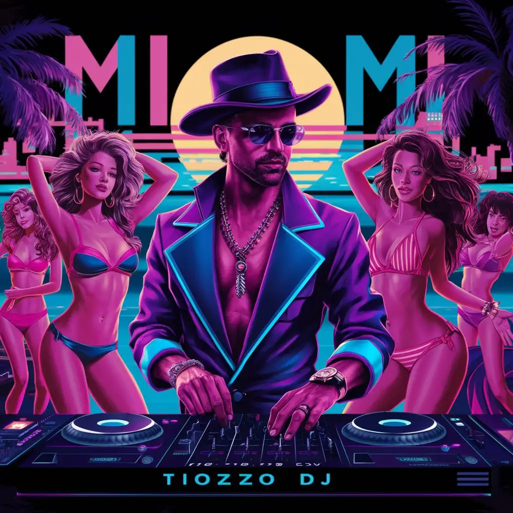 Vector art, 80's retro, bold colors, neon, "Tiozzo DJ", Miami beach-side, Italian DJ playing music, sexy girls in bikini, sexy vibes, Alphonse Mucha style.