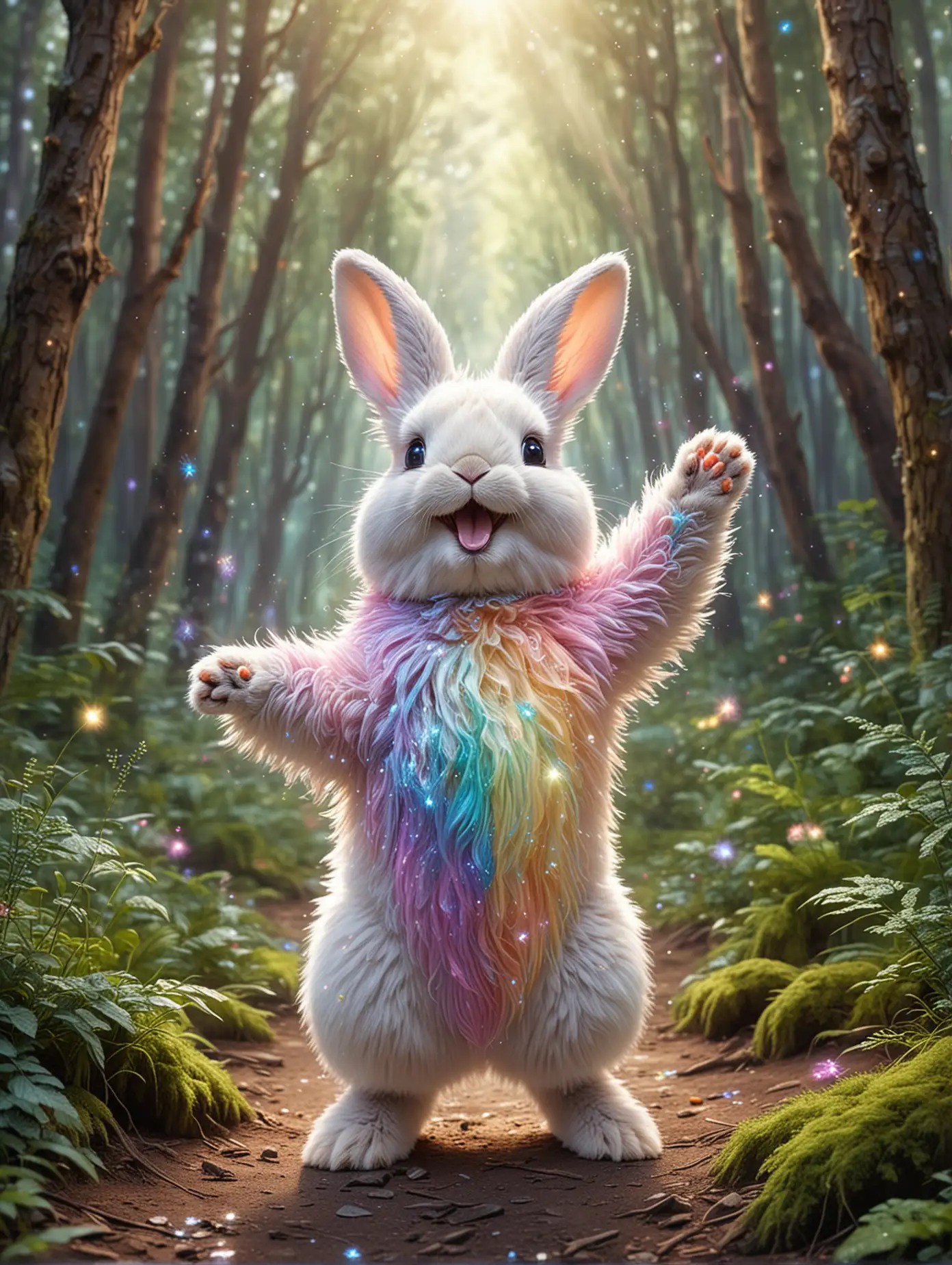 please create a transcendent pastel rainbow sparkly heavenly artwork of a bunny with sparkly fur on its stomach, smiling, happy, standing proud, arms open, showing off its stomach, in a peaceful magical forest