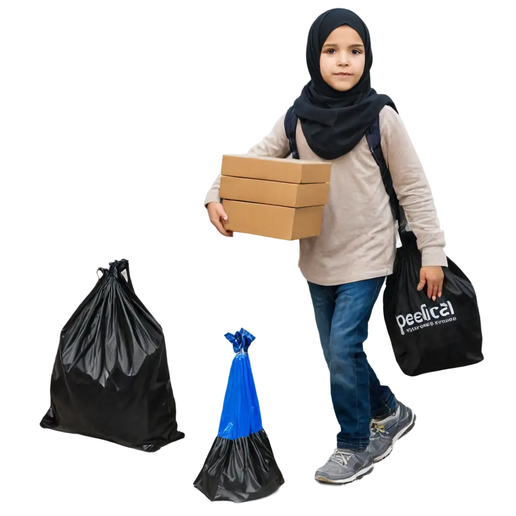 Seorang anak muslim memakai peci membawa tas dan kardus