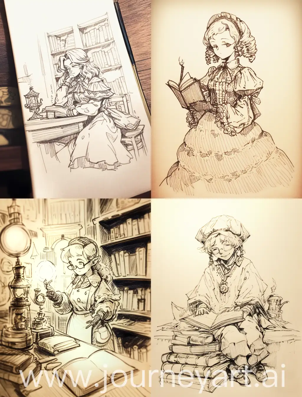 antique, old master pen drawing style, researcher with book in hand, character design.