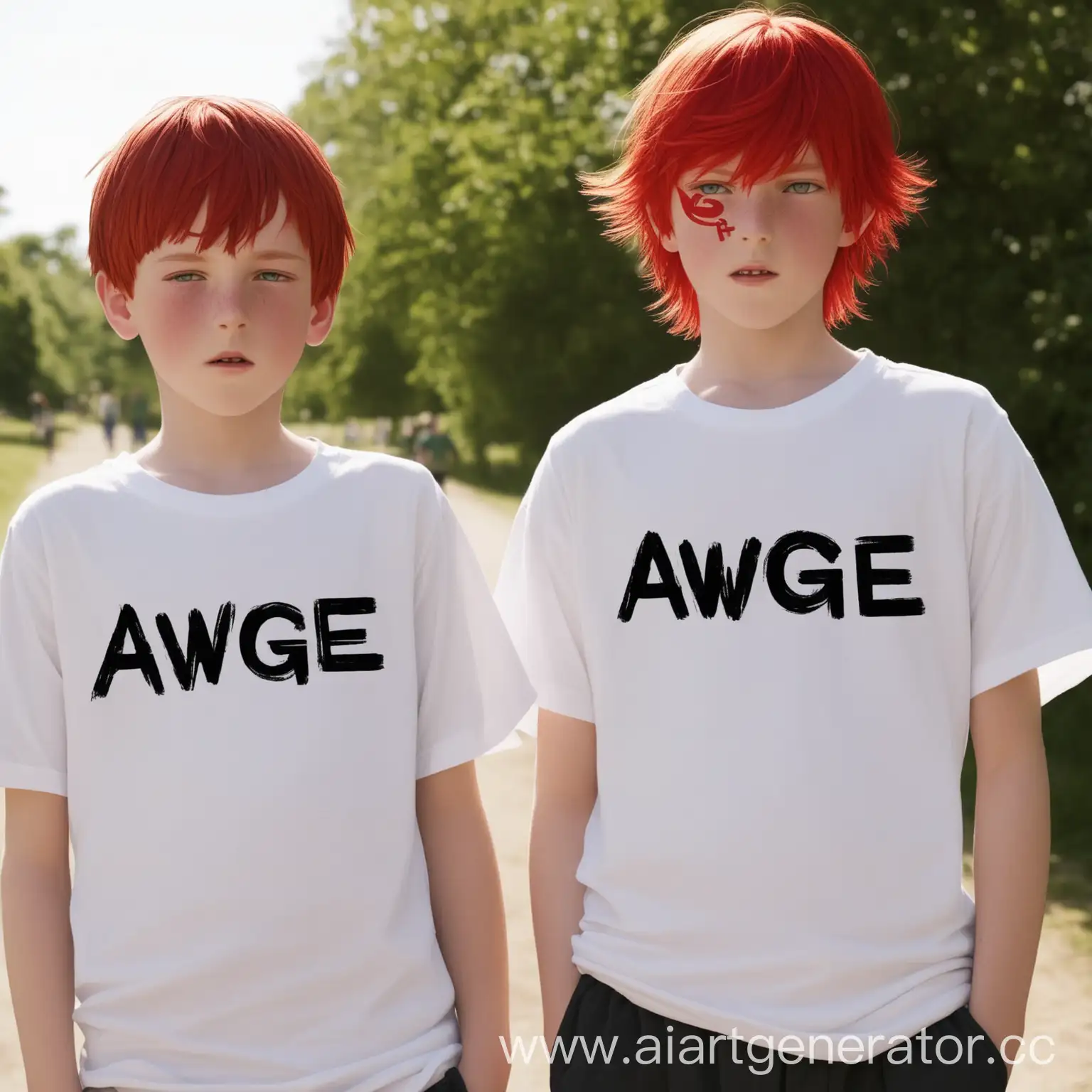 2 мальчика с красными волосами с надписью на футболках AWGE