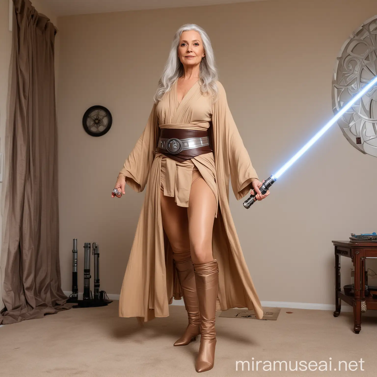 mature lady with long silver hair, wearing tan star wars jedi robes with light saber in tan pantyhose, standing on floor of tatoonie home
