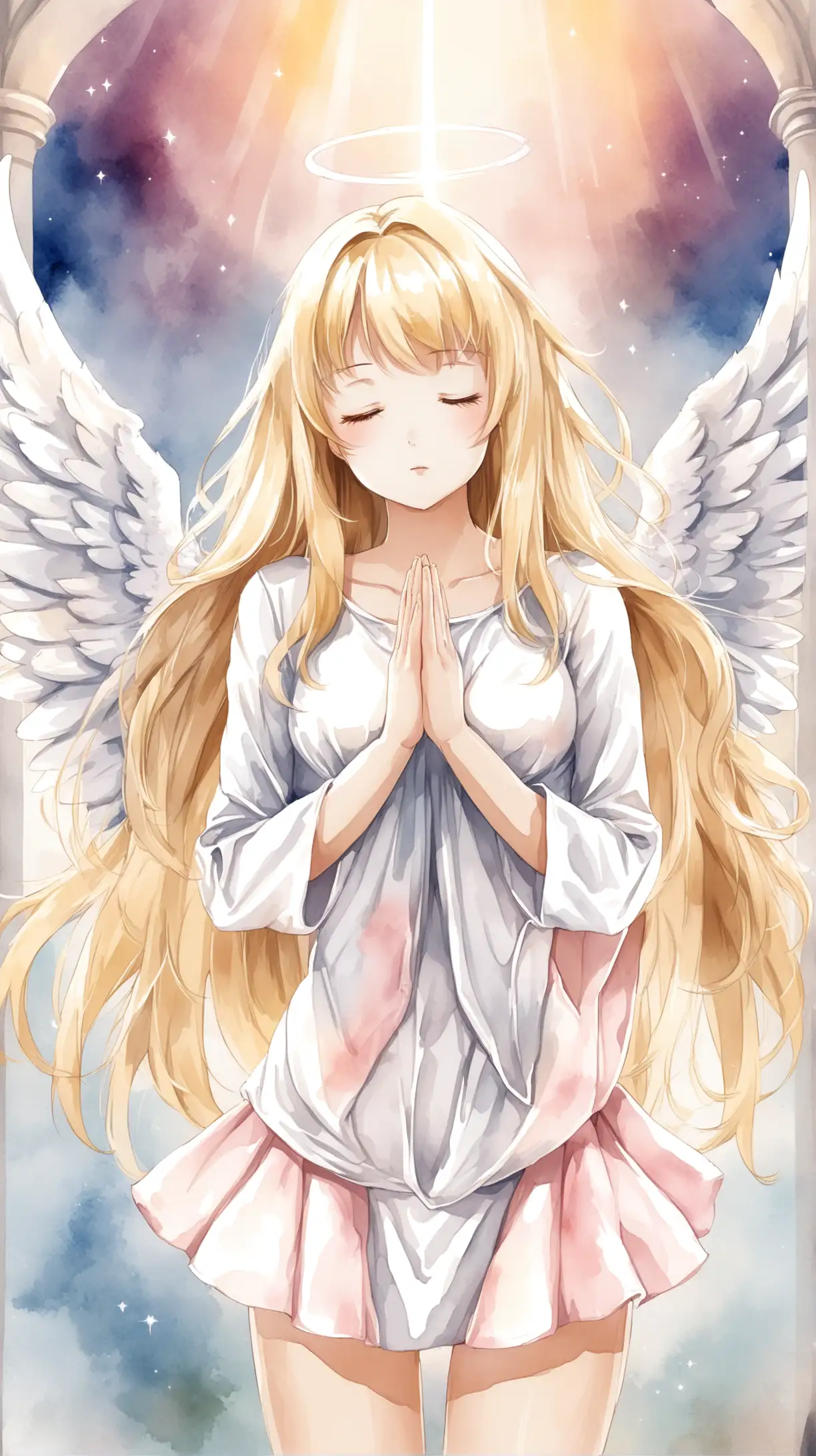 Draw a sexy women , anime watercolor style , praying to god, light pink angel costume, angel wing , short skirt, blonde long hair, fantastic background, medium shot.