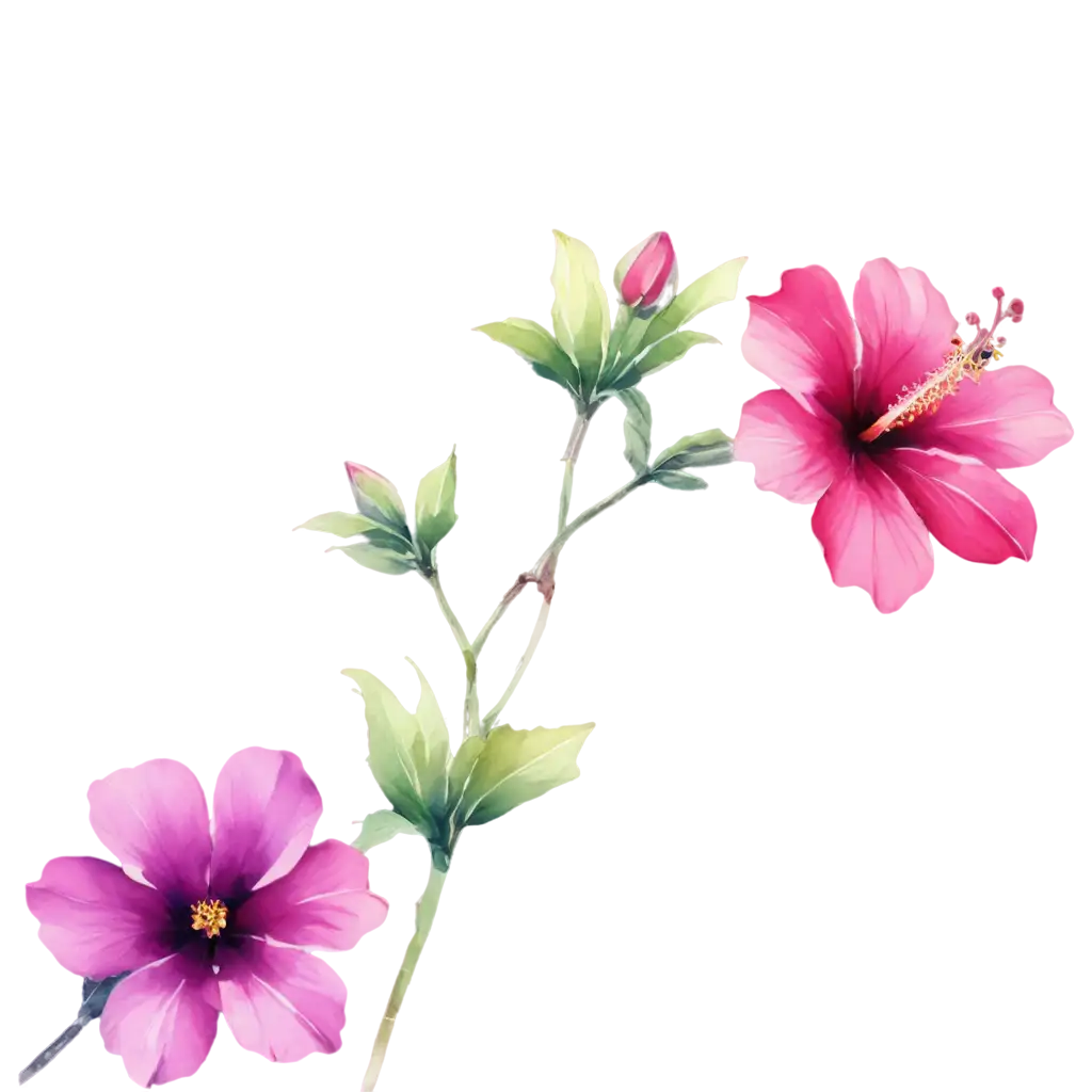 watercolor hibiscus flower on a stem. the color of the flowers are purple and pink complimentary  stem is in a line
