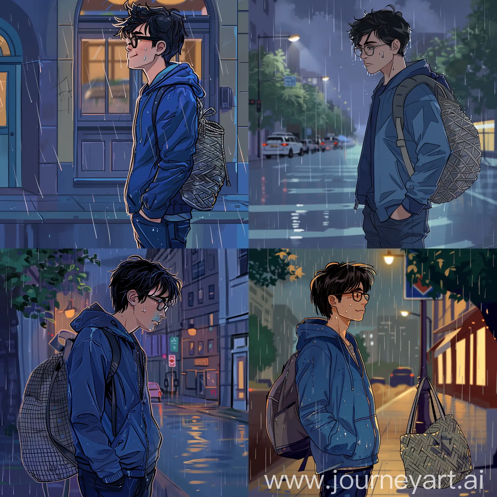 A young and tired guy with dark hair and glasses stands on the street in the late evening and admires the rain, wearing a blue windbreaker and dark blue jeans, a woven gray bag hanging from his shoulder, and lack of sleep is visible on his tired face, the art style is slightly cartoony/comic-like