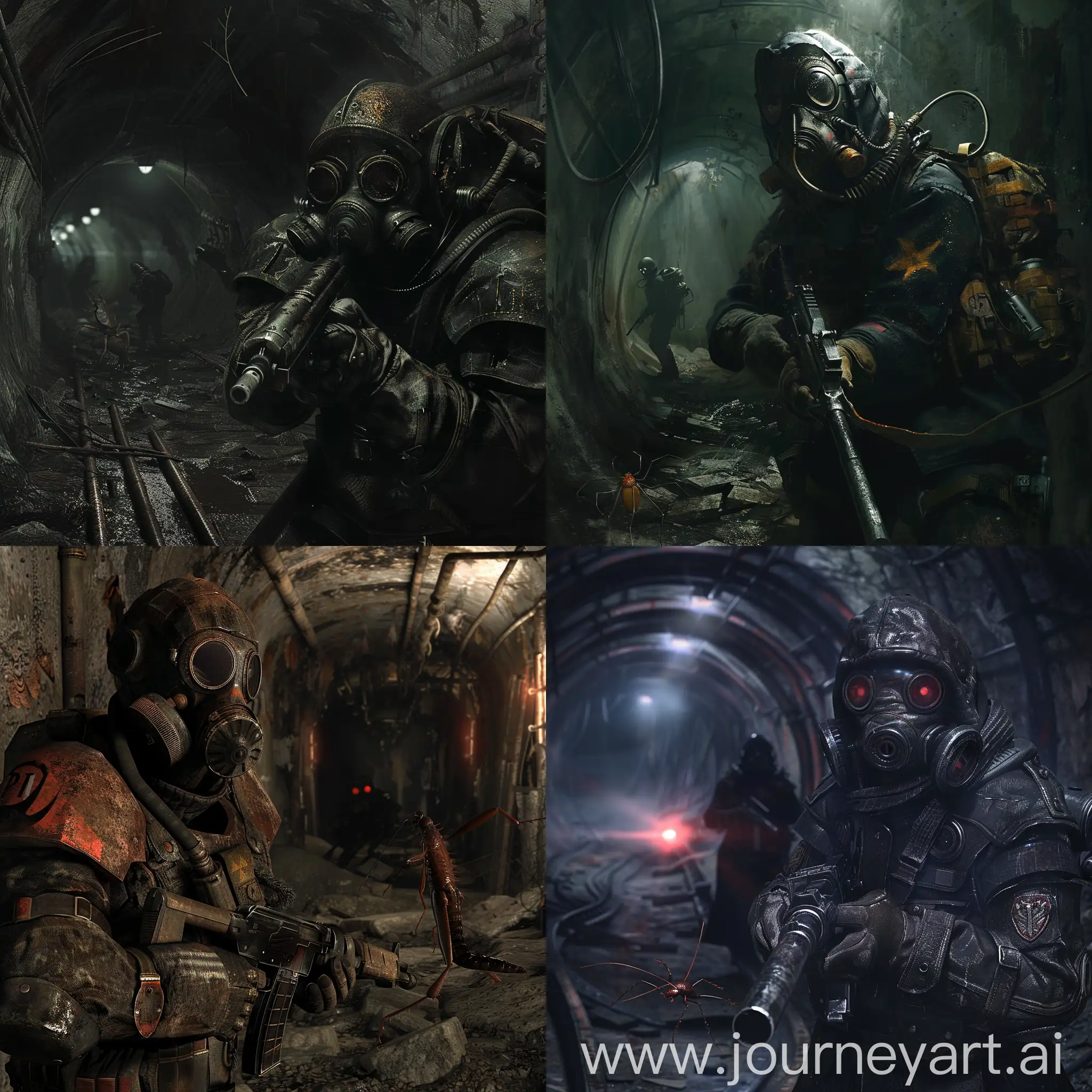 Metro 2033, survivor stand in post-apocalyptic armor and gasmask in a dirty and abandoned catacombs, he hold an old Soviet PM pistol with both hands, I pointed the muzzle at a mutant tick the size of a dog, a cockroach stands in the dark and also looks at him, lack of light sources, darkness, despondency, tension.