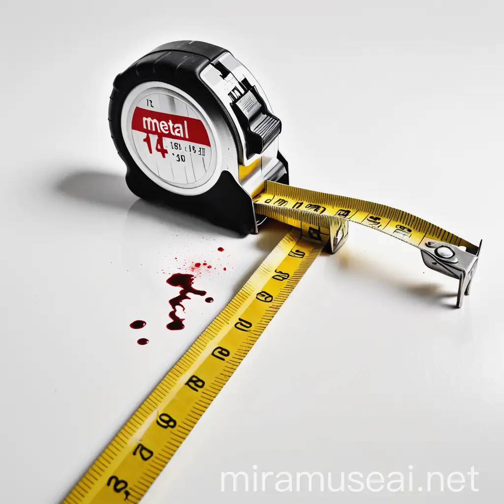 metal tape measure pulled out and ragged, thrown on a white surface with a little blood on the edges
