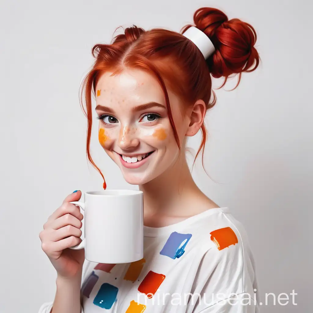 RedHaired Artist Smiles with Paintbrush and Mug