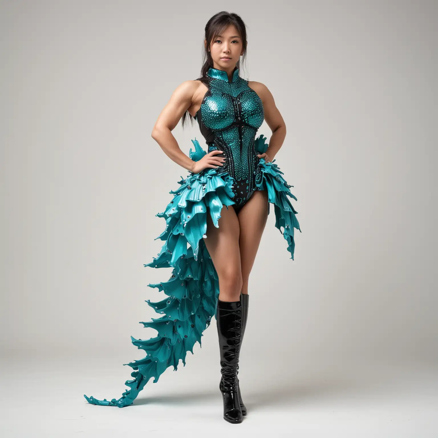 Standing full body view, Strong Toned beautiful Japanese woman bodybuilder in sleeveless bright-teal small seahorse armor slit-dress, black pelvic-curtain, bright-teal boots, white background