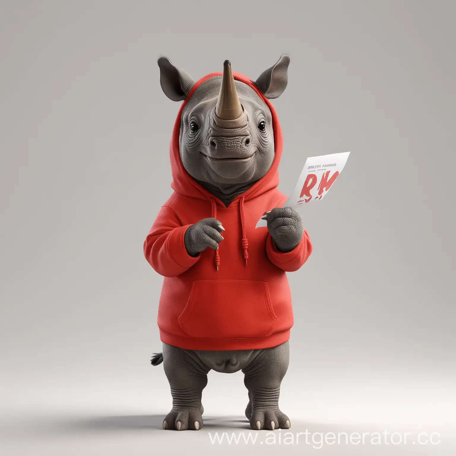 A cute little rhinoceros in a red hoodie, holding a letter in his hands, standing tall on a white background